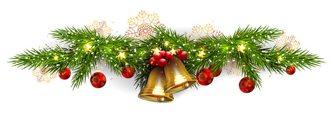 Christmas garland, golden shiny bells, fir-tree branch, design element.