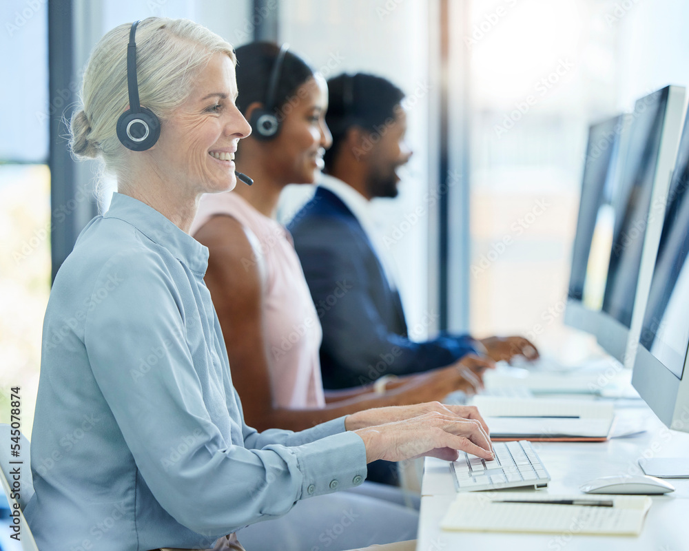 Poster call center, computer and woman typing with group, office or customer support for online consulting.