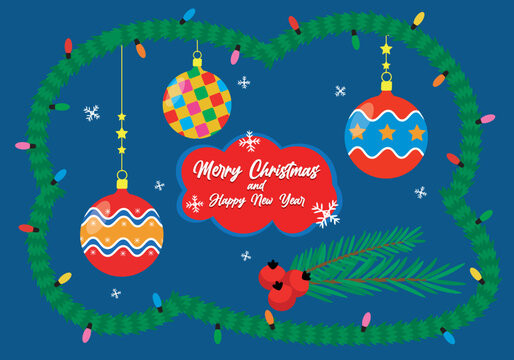 cartoon merry christmas and happy new year banner with toys, garland, snowflakes, berries and branches