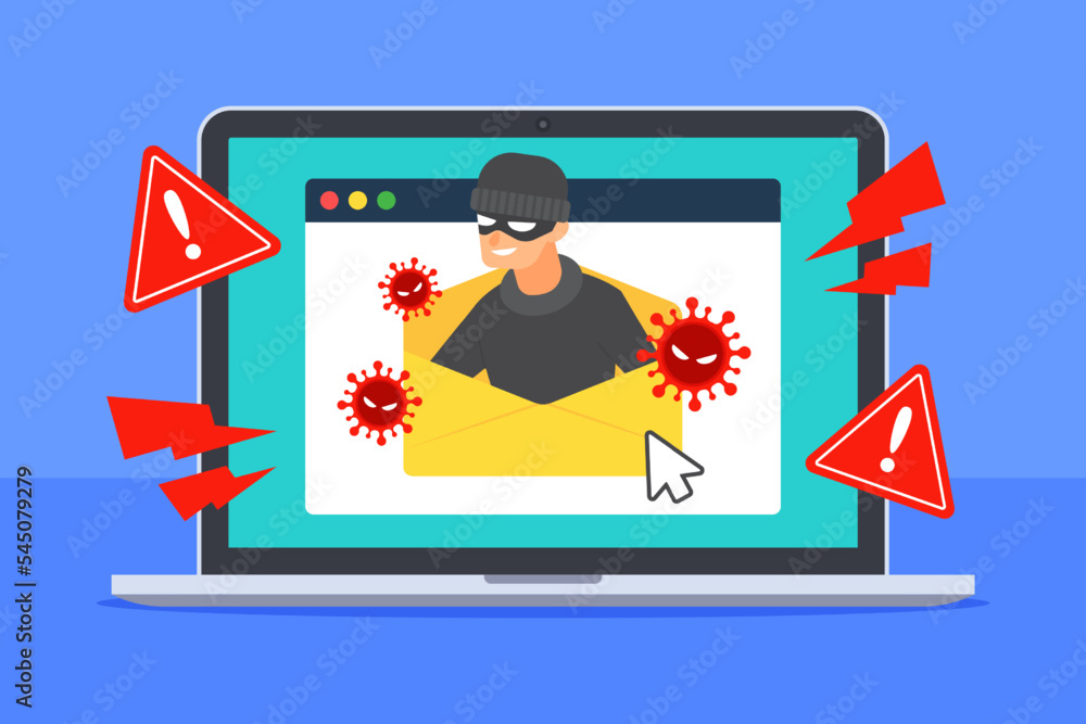 Poster infected email with hacker and viruses. system warning alert of internet threat or hacking concept. 
