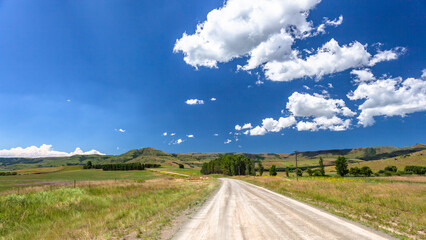 Farm Dirt Road Drive Summer Blue Sky Mountain Landscape.