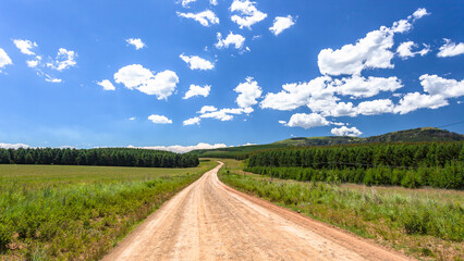 Farm Dirt Road Drive Summer Blue Sky Mountain Landscape.
