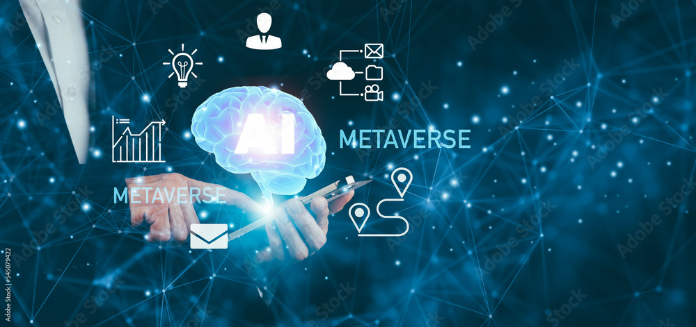 Poster businessman hold brain icon with artificial intelligence (ai),on big data network machine learning a