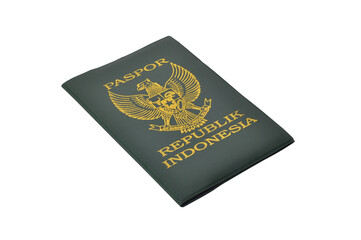 Republic of Indonesia passport book with green cover on white background