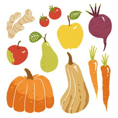 Lovely raw vegan concept illustration with sweet fruits and vegetables in vector. Tasty apple, ginger, tomato, squash, beet, carrot, pear and pumpkin in funny cartoon style