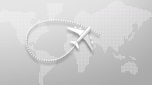 Plane flying on the world's map leaving a trail behind. The plane makes on white map background and and flying away from screen. World travel, vacation. transport shipping 3D rendering