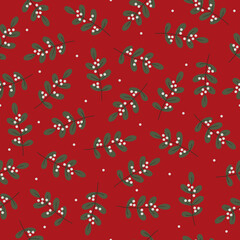 Christmas pattern with branch of mistletoe on red background.