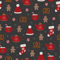 Christmas pattern with ginger bread man, cup, hat, teapot, bagel, sock and snowflakes.