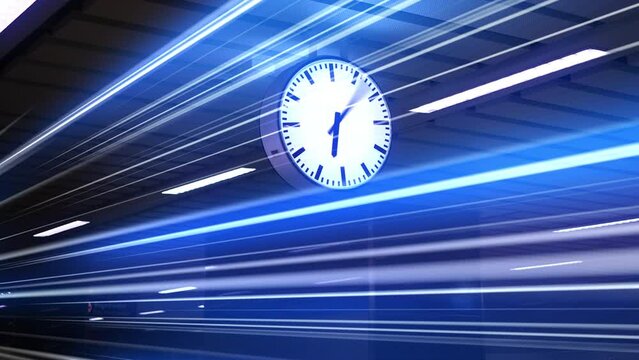 Rush hour Fast moving evening ,Fast moving traffic drives time lapse clock moving fast light each subway lane effect line light cg