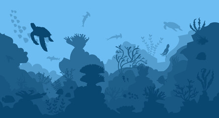 silhouette of coral reef with fish on blue sea background underwater vector illustration	
