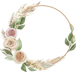 Watercolor traditional floral golden wreath, ivory roses and dusty greenery frame