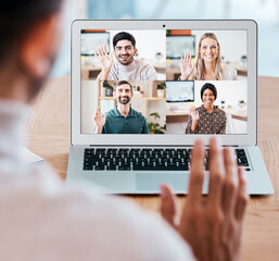 Team, laptop and video call for webinar, online meeting and communication together. Digital device, teamwork and coworkers have discussion, conference or wave with smile, planning or happy with sales