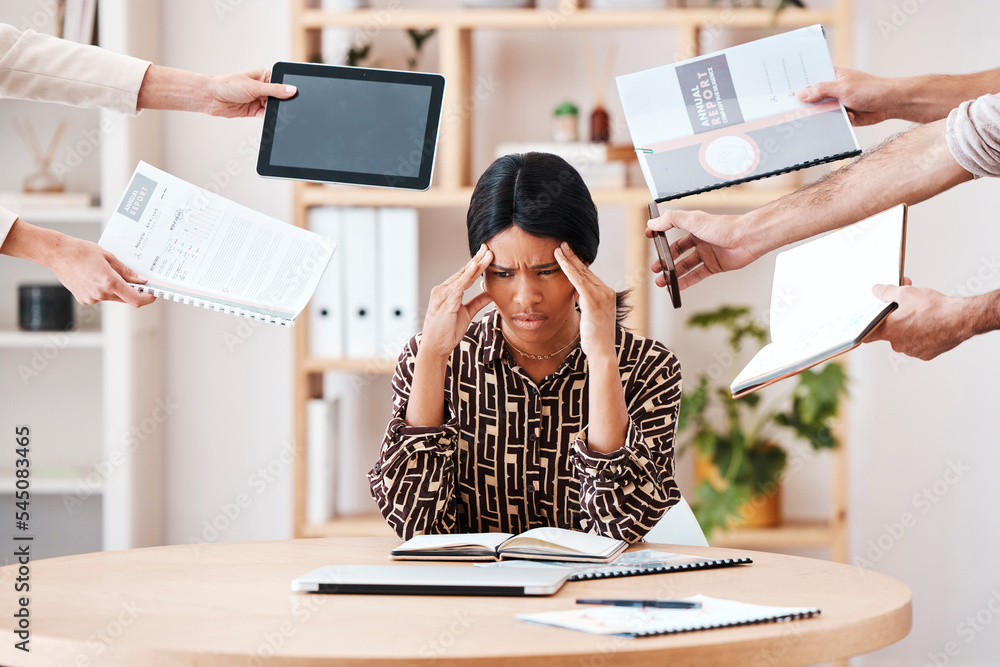 Poster stress, burnout and multitask with hands and a black woman in business feeling overwhelmed or overwo