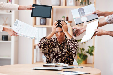 Stress, frustrated and business woman with paperwork and information in modern corporate office....