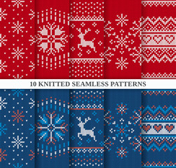 Christmas seamless patterns set. Knitted sweater textures red and blue collection. Holiday fair isle traditional ornament. Xmas winter background. Knit prints. Wool pullover. Vector illustration