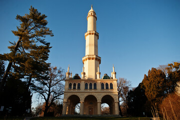 Minaret at Lednice with beautiful gardens and parks on sunny autumn day in South Moravia, Czech...
