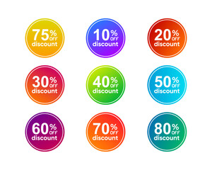 Gradient discount stickers set with 10, 20, 30, 40, 50, 60, 75, 80 percentage off. vector collection
