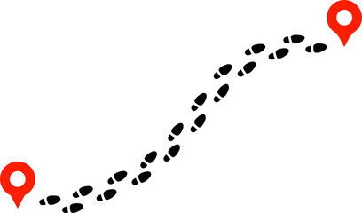 Footprints trail track with location pin. Footprint trail from start point to finish pin.