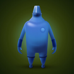 Senior Super Hero Robot Defender of the Universe. Tough Blue Fat Bot Humanoid Mascot Character Illustration on Dark Backdrop
