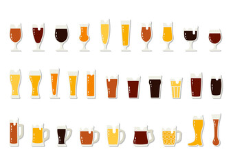 Flat icons set of beer with foam in mugs and glasses isolated PNG