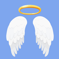 Angel wings white with halo, nimbus in cartoon style isolated on blue background, design element for decoration.