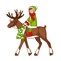 A girl rides a reindeer. Winter illustration on a white background.