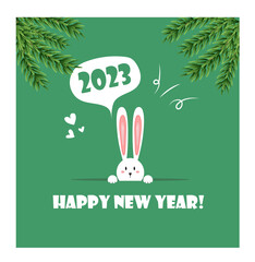 Christmas and New Year background. Xmas pine fir lush tree. Rabbit,   gifts box. Bright Winter holiday composition. Greeting card, banner, poster. Vector illustration.