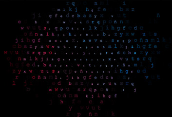 Dark blue, red vector background with signs of alphabet.