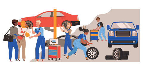 Car Repair Service with Mechanics Team in Garage Doing Technical Inspection and Automobile Diagnostics Vector Illustration
