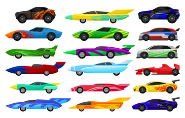 Race Car Colorful Model for Road Speed Competition Side View Big Vector Set