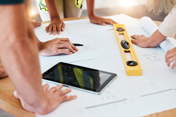 Architect, team or blueprint on paper, tablet or planning for construction, strategy and building...