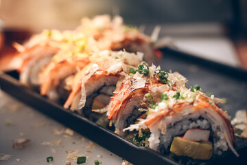 The finished sushi is ready to serve. sushi is a street food of japan and new business in the world.
