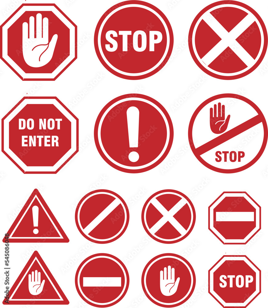 Poster set stop red sign icon with white hand, do not enter. warning stop sign vector on white background..