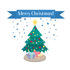 Christmas card. New Year. Christmas tree with glass colored balls. Boxes with gifts for the holiday under the Christmas tree. Isolated on a white background.