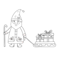 Santa Claus and a sleigh with gifts. Coloring page.