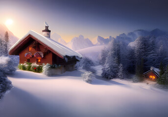 Winter landscape. Cottage on background of hill and forest. Wooden houses in countryside. New year in cottages. Country hotels Christmas evening. Renting house for large group. Winter village. AI