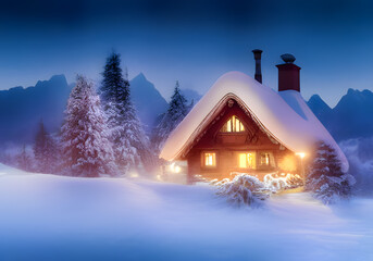 Winter landscape. Cottage on background of hill and forest. Wooden houses in countryside. New year in cottages. Country hotels Christmas evening. Renting house for large group. Winter village. AI