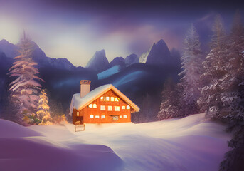 Winter landscape. Cottage on background of hill and forest. Wooden houses in countryside. New year in cottages. Country hotels Christmas evening. Renting house for large group. Winter village. AI