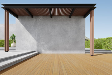 3d render of exterior wooden balcony with large empty concrete wall.