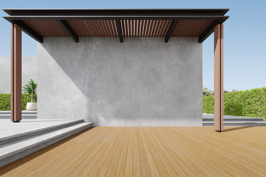 3d Render Of Exterior Wooden Balcony With Large Empty Concrete Wall.