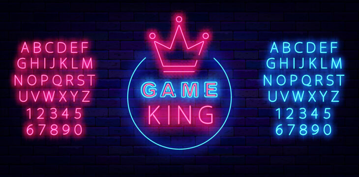 Game king neon signboard. Circle frame with crown. Virtual reality playing. Vector stock illustration