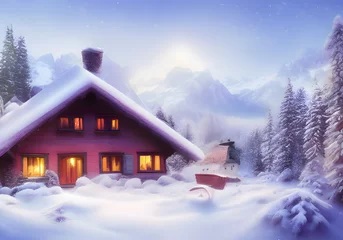 Fotobehang Winter landscape. Cottage, mountain and hill and forest. Wooden houses in countryside. New year in cottages. Country hotels Christmas evening. Renting house for large group. Winter village, Wonderland © ZoomBee_MM