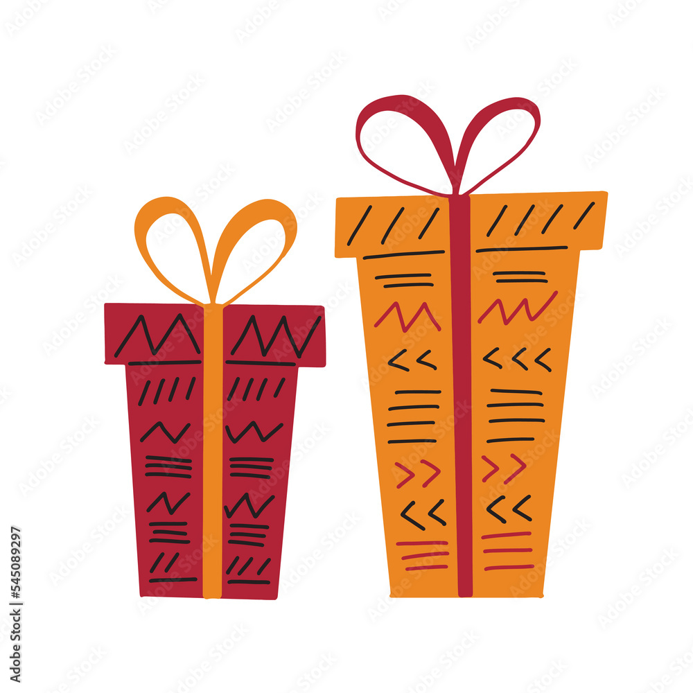 Wall mural 2 gift boxes in simple hand drawn style decorated with ribbon, bow, paper with tribal ethnic ornamen