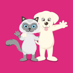 cute cartoon illustration of cat and dog standing with happy face