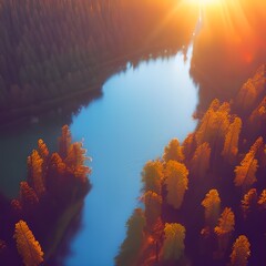 Aerial Photography of Water Beside Forest during Golden Hour