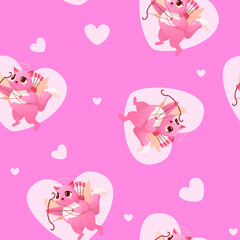 Cupid Сat Seamless Pattern. Funny Amur. Heart Hunter. Valentine's day. Vector cartoon for wedding, children's clothing, packaging and other holidays.