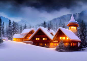 Winter landscape. Cottage, mountain and hill and forest. Wooden houses in countryside. New year in cottages. Country hotels Christmas evening. Renting house for large group. Winter village, Wonderland