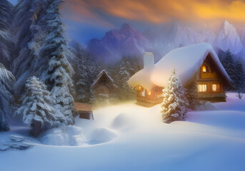 Winter landscape. Cottage, mountain and hill and forest. Wooden houses in countryside. New year in cottages. Country hotels Christmas evening. Renting house for large group. Winter village, Wonderland