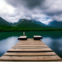 Dock Under Cloudy Sky in Front of Mountain