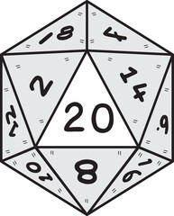 Dice d20 for playing Dnd. Dungeon and dragons board game. Treasures, paladin sword. 
